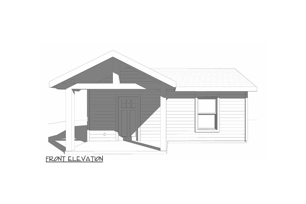 Front elevation drawing of a single-story house with a covered porch, prominent gable, and horizontal siding.
