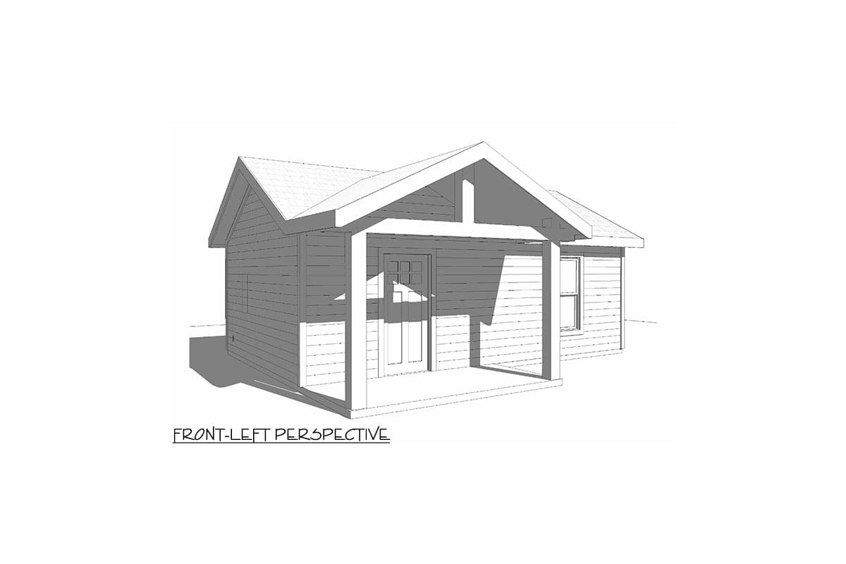 House plan exterior, single-story, with covered front porch, gabled roof, and horizontal siding.