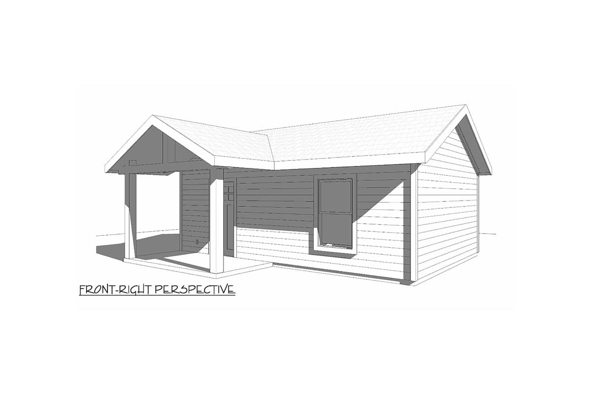 House plan exterior rendering showing a one-story house with a front-facing gable roof, covered porch with two columns, and horizontal siding.