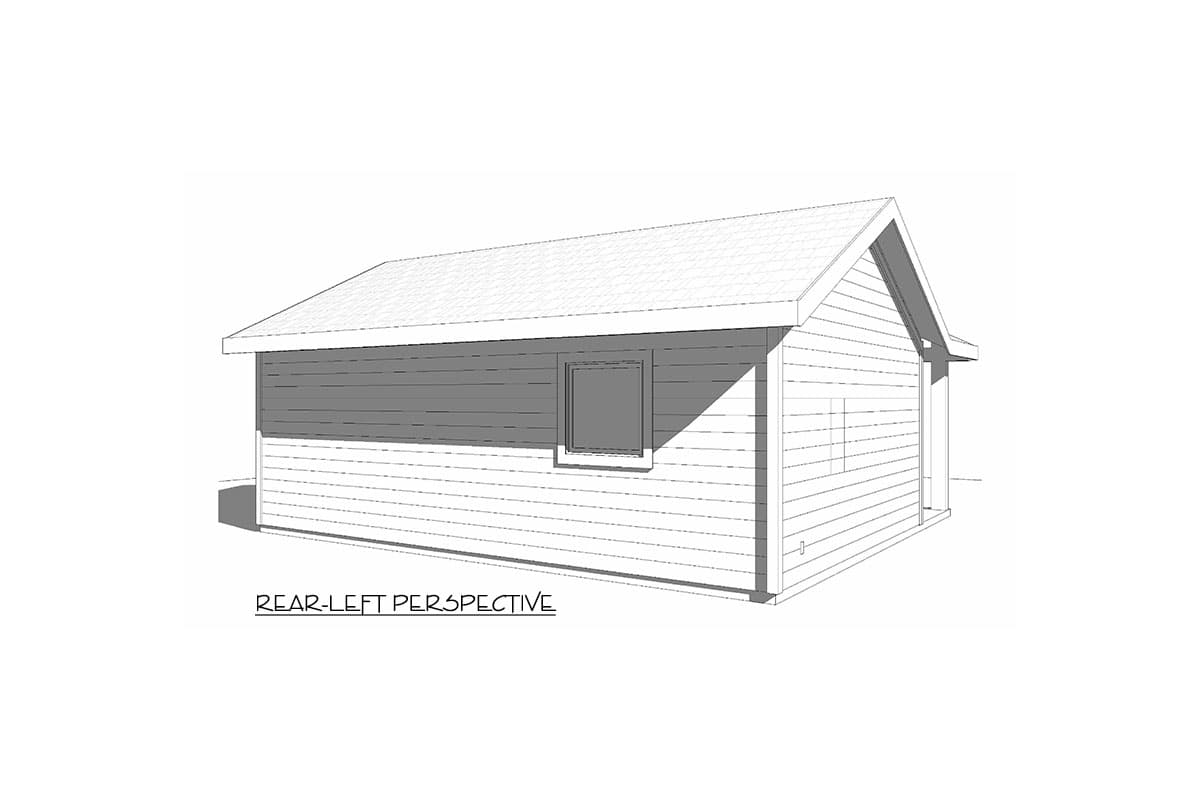 House plan exterior drawing, rear-left perspective, showing horizontal siding, pitched roof, and windows.
