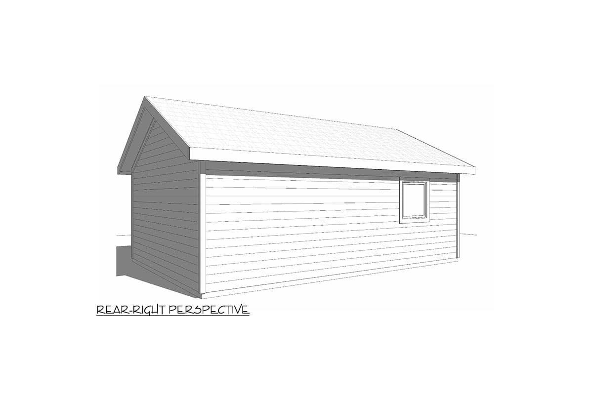 House plan exterior: single-story structure with gabled roof, horizontal siding, and one window on the right side.