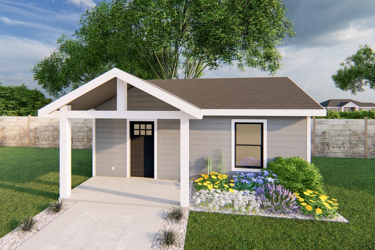 House plan exterior with a gabled roof, an open porch, and a single-story design. Features include a centered front door and a rectangular window.