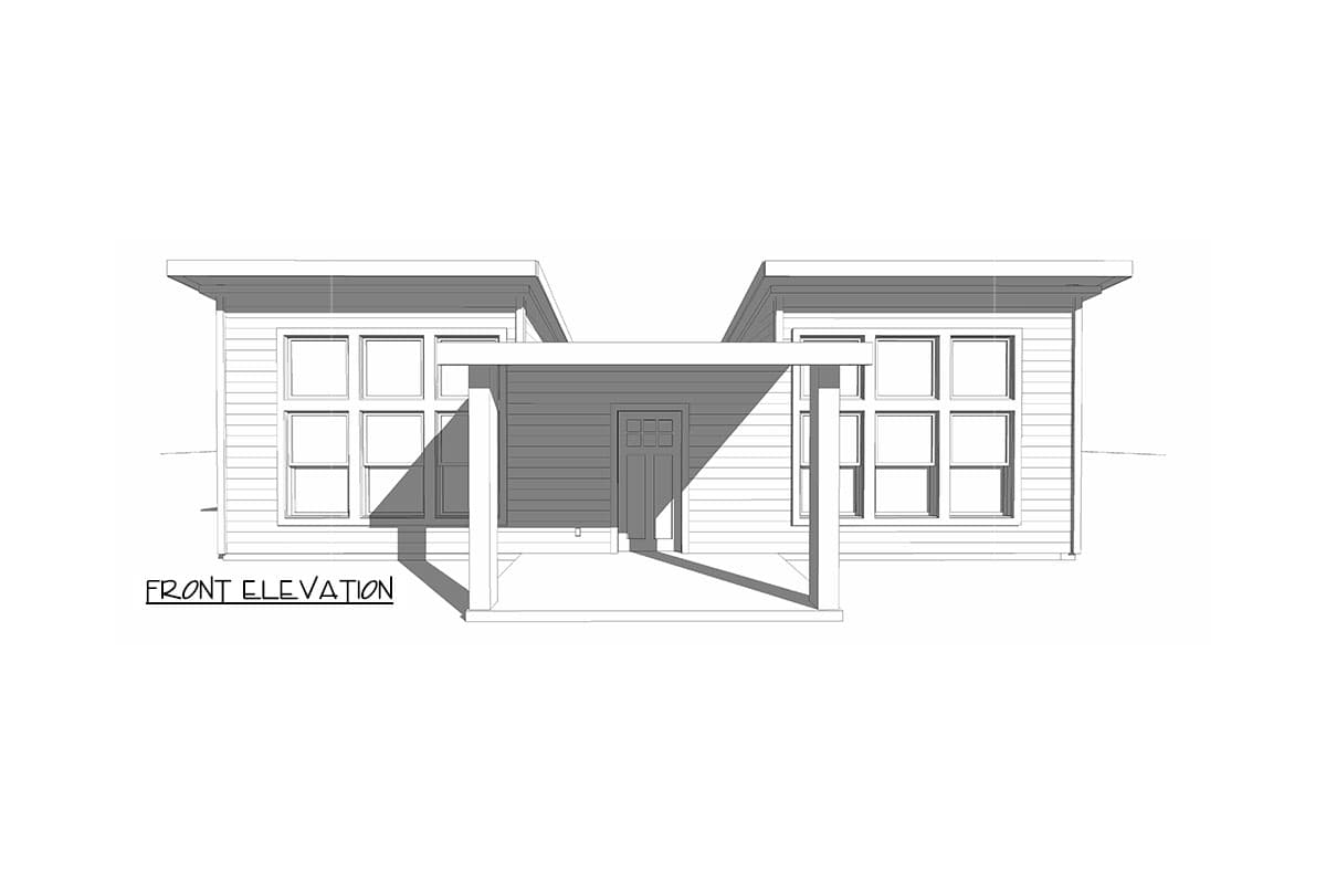 Front elevation drawing of a modern house with a covered entryway, horizontal siding, and multiple windows.
