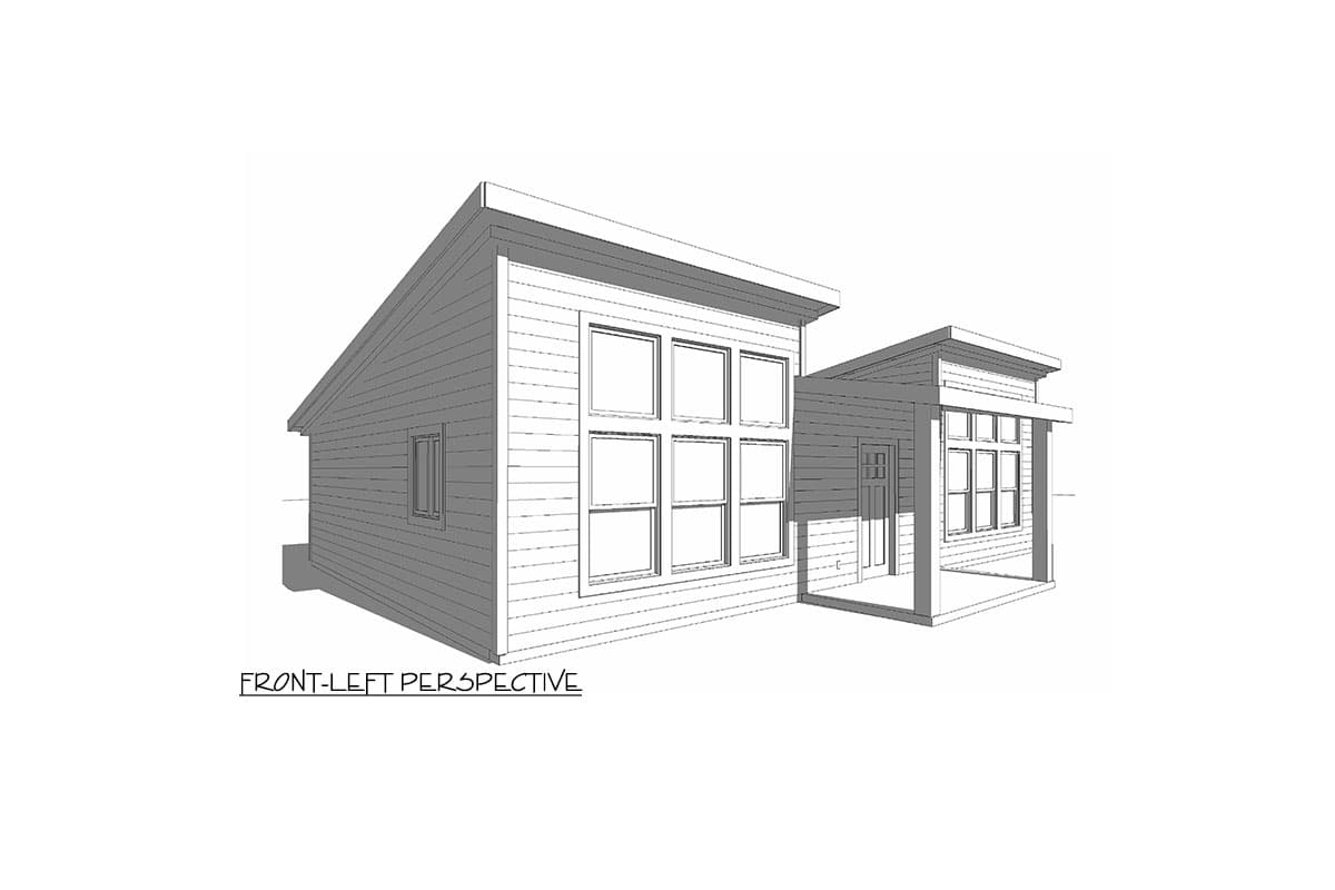 House plan exterior, one story, Modern style, sloped roof, horizontal siding, large window array, covered entry.