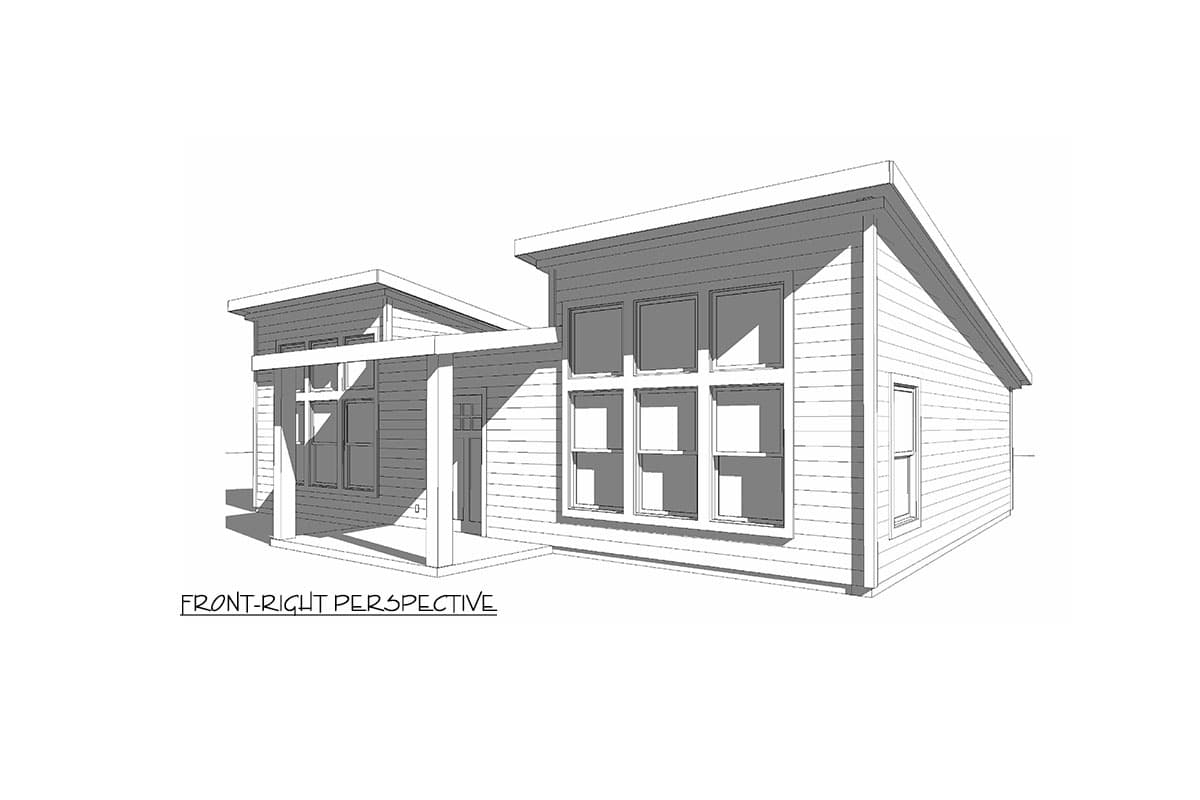 Modern house plan exterior, single story, with a covered porch, horizontal siding, and a multi-pane window bank.