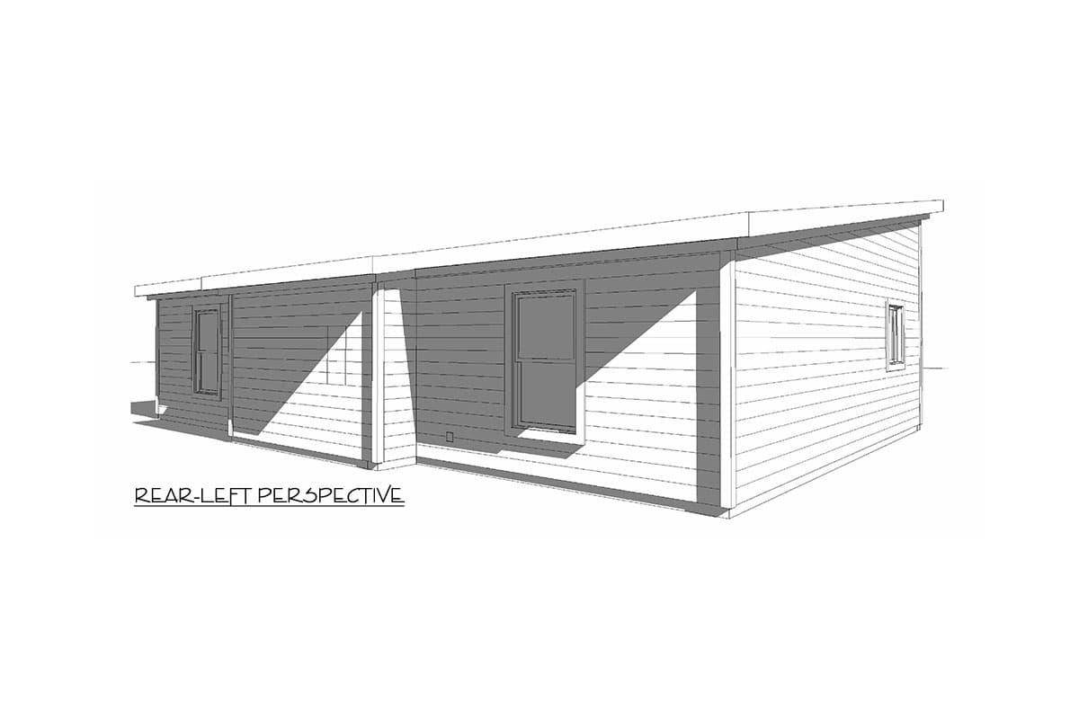 House plan exterior, one story, horizontal siding, flat roof, two windows, and a door.