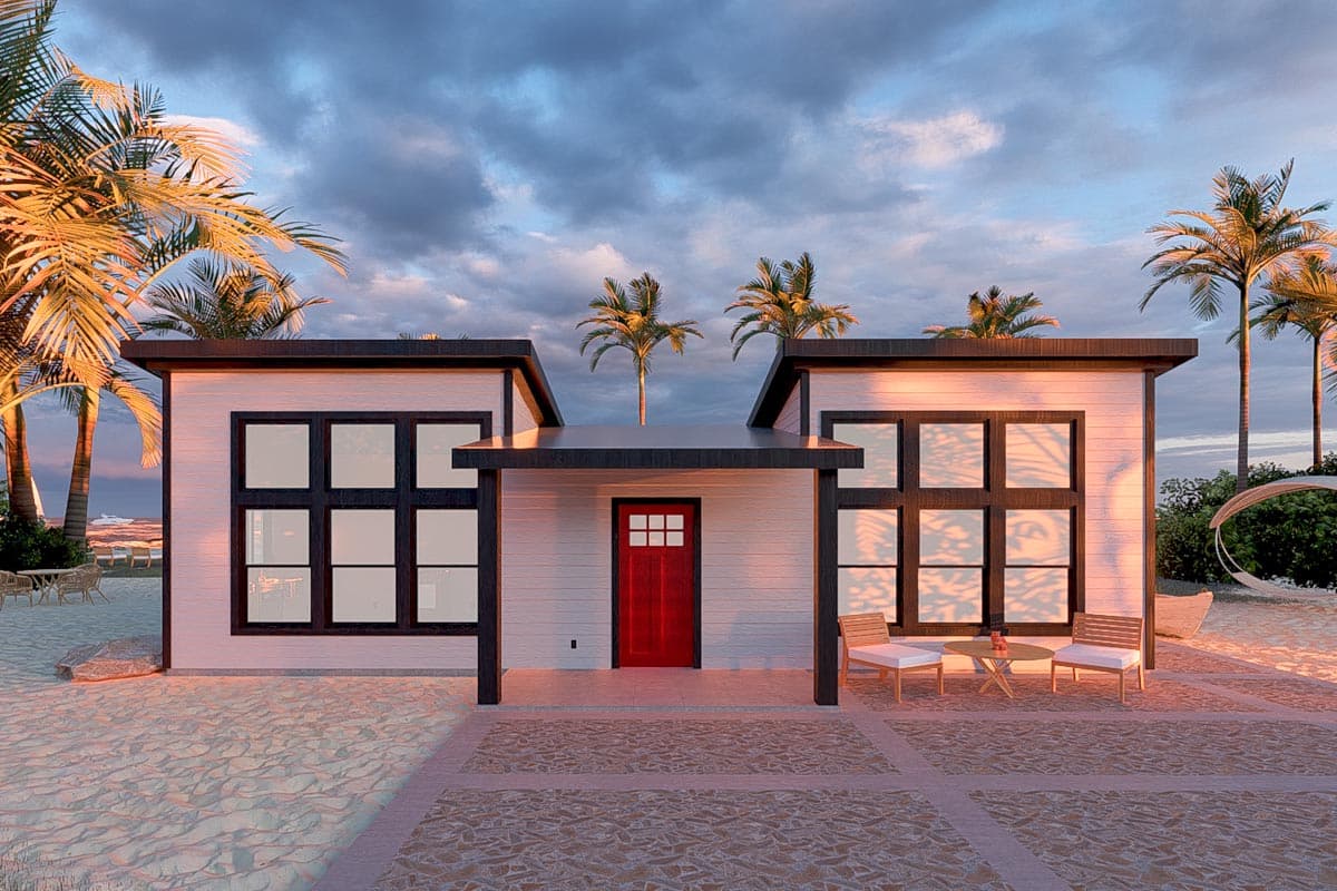 House plan exterior. Modern style with flat roof. Features include a front porch, large grid windows, and dark trim. Set against a beach backdrop.
