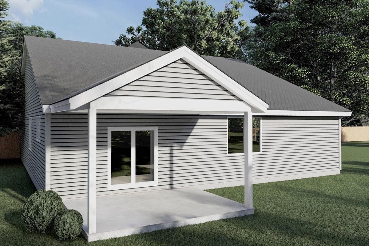 House plan exterior: Ranch style, single story with vinyl siding, gable end, covered porch with two support posts, and double glass doors.