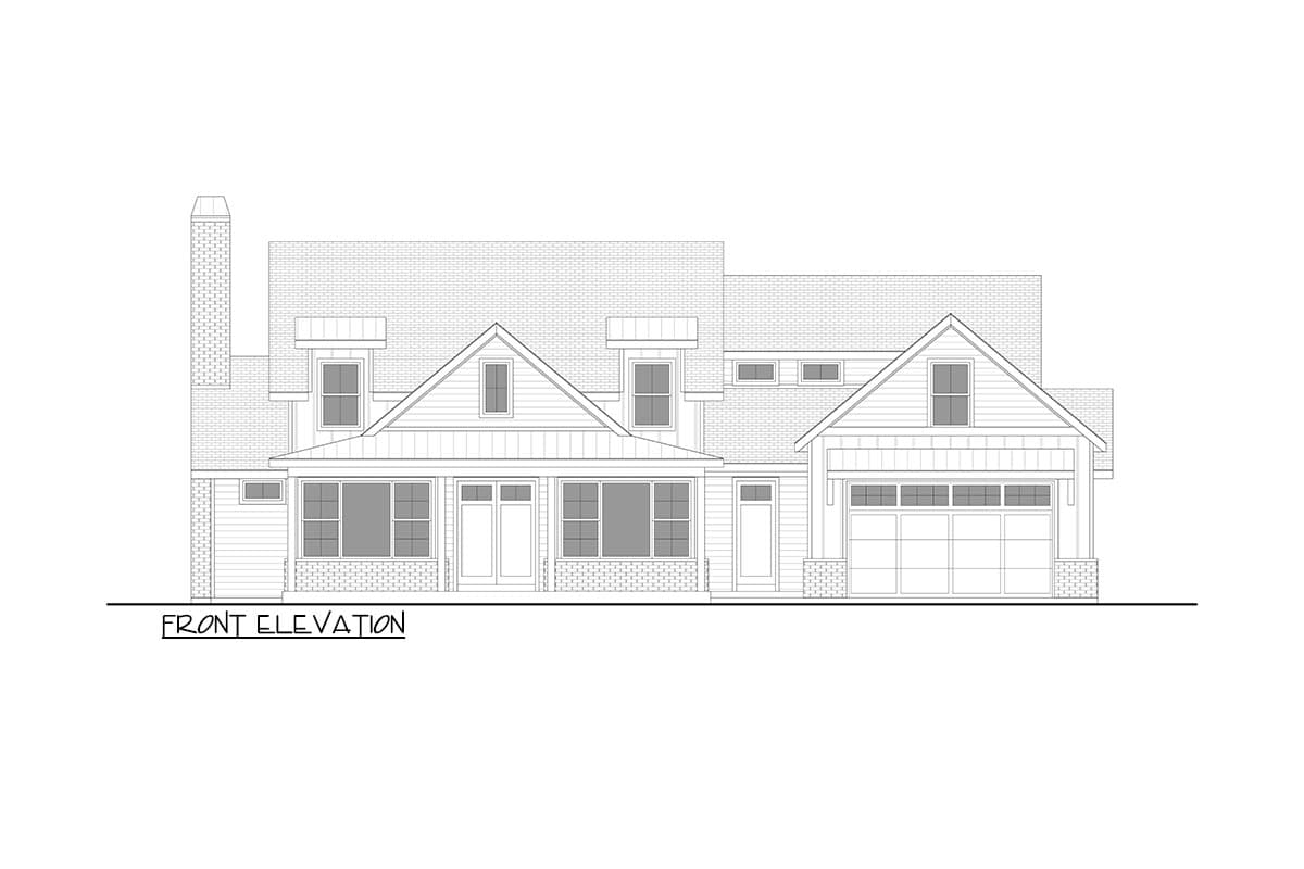 Front elevation drawing of a two-story house plan featuring a prominent gable, a wide covered porch, and an attached two-car garage.