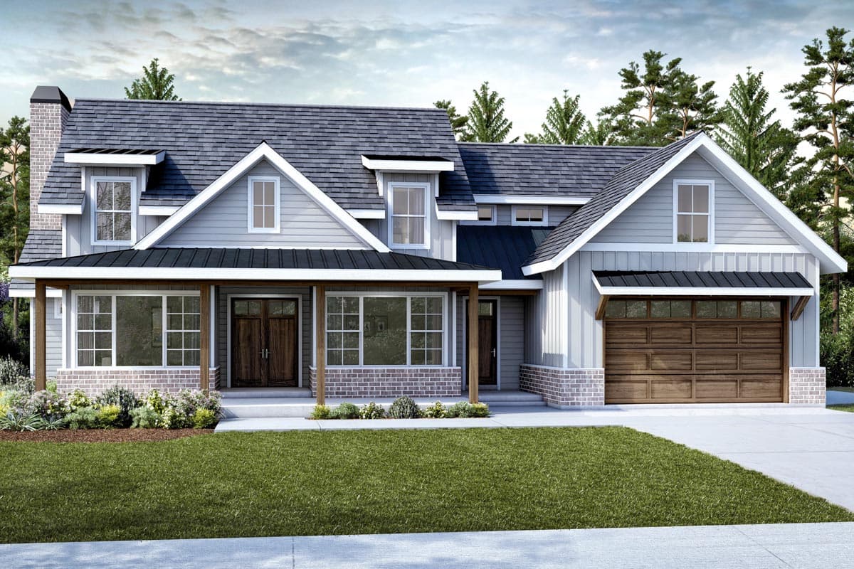House plan exterior featuring a two-story Modern Farmhouse design. Includes a covered porch, gabled rooflines, and a front-facing garage.