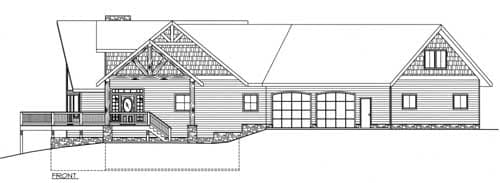 Front elevation house plan with gabled dormer, covered entry, deck, and a three-car garage.