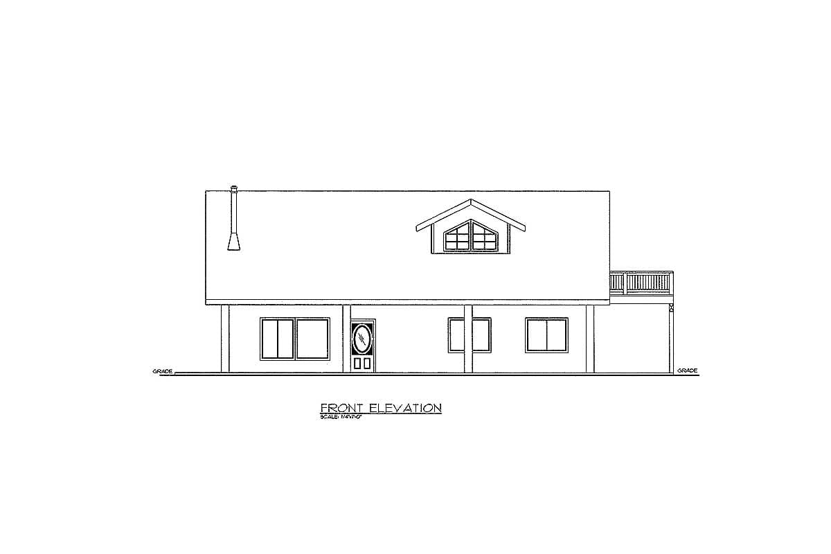 Front elevation house plan with dormer, chimney, and deck. Shows windows and entry.