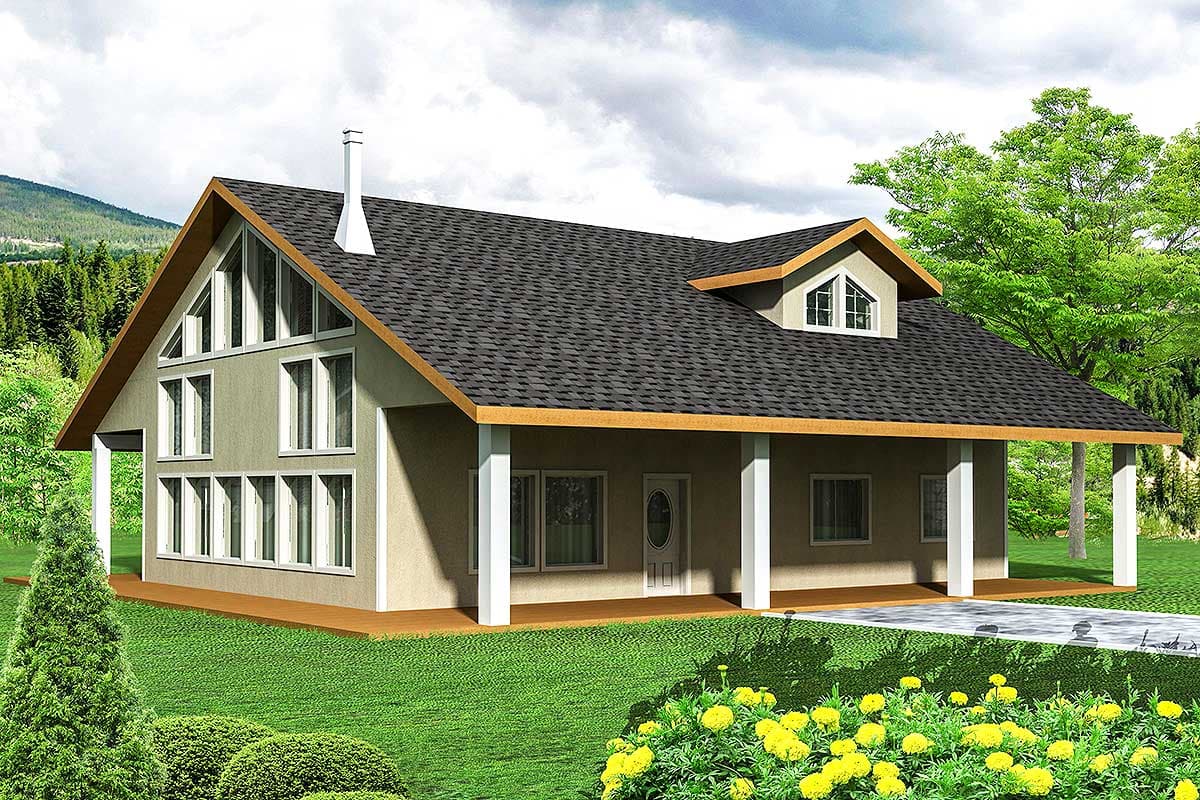 House plan exterior with a steep gable roof, wrap-around porch, and multi-pane windows on two stories.
