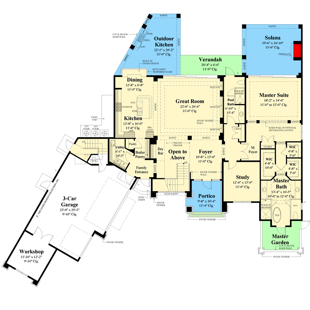 Plan 340123STR: 5 Bed Transitional House Plan with Multi-Generational Apartment Above Garage - Floor Plan - Main Level - Coastal Contemporary, European, Florida-Style, Mediterranean, Transitional, Vacation