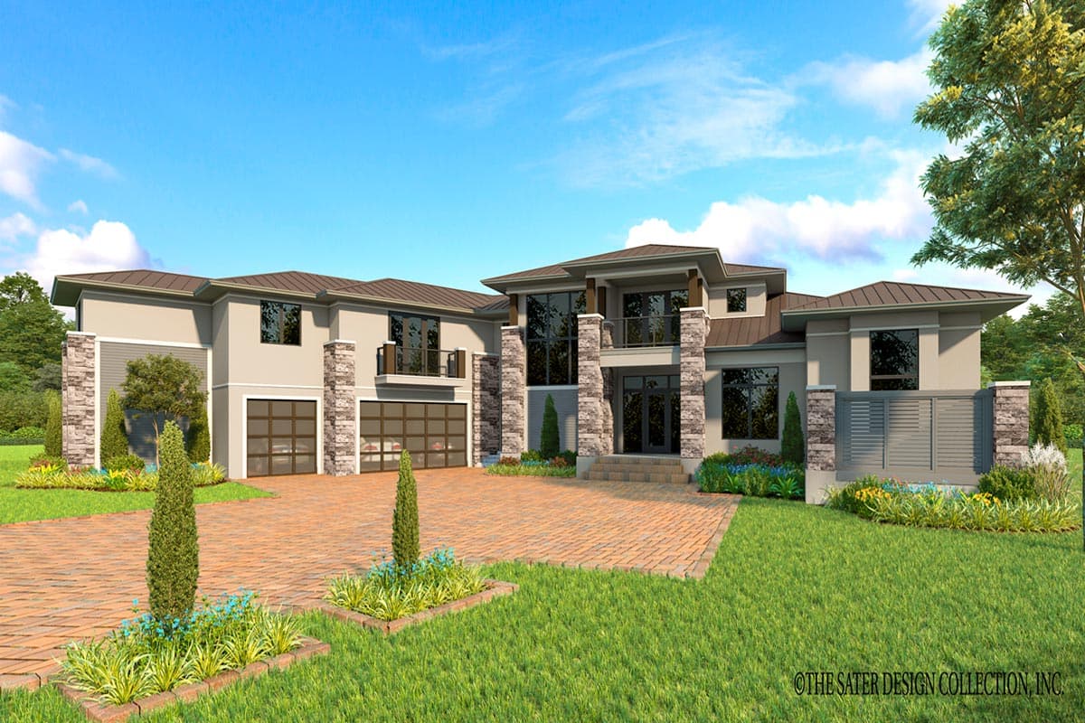 House plan exterior with modern design. Two-story home with a flat roof, stone accents, multiple balconies, and a three-car garage.