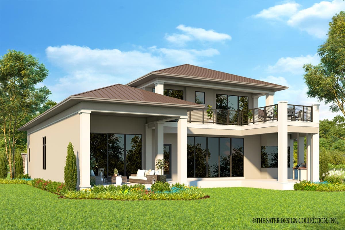 House plan exterior: two-story modern home with a hip roof, covered patio, and second-story balcony.