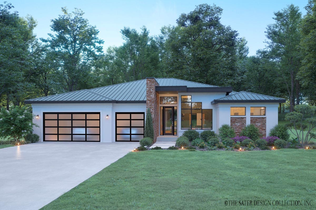House plan exterior. Modern style, single-story home with a flat roof and a stacked stone accent wall. Includes two garage doors with glass panels.