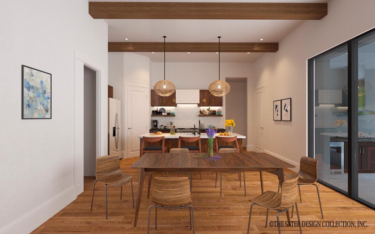 Interior rendering of a dining area and kitchen with wood floors, exposed beams, island seating, and pendant lighting.