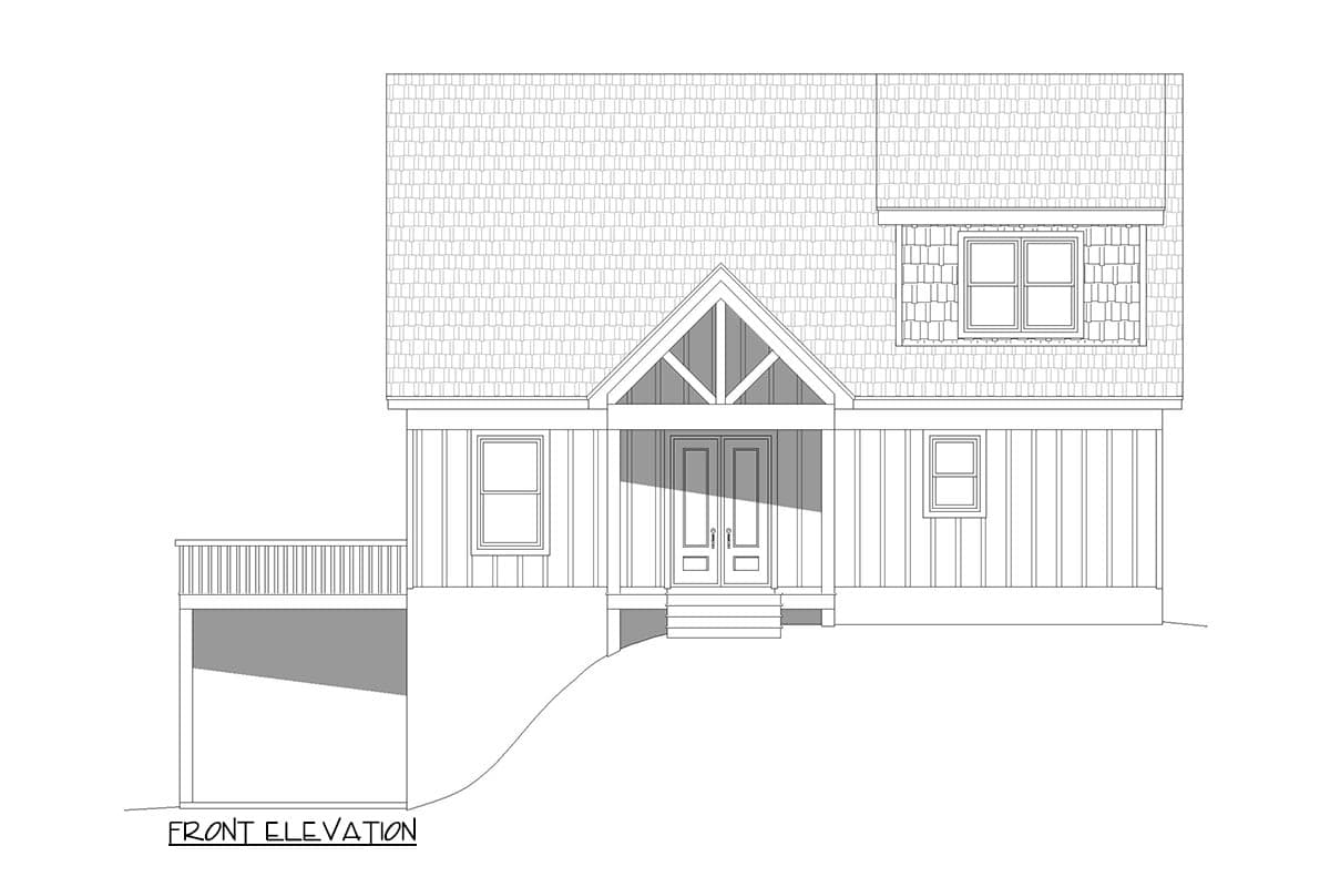 Front elevation drawing of a house plan showing a gabled entrance porch, double doors, and a dormer window.