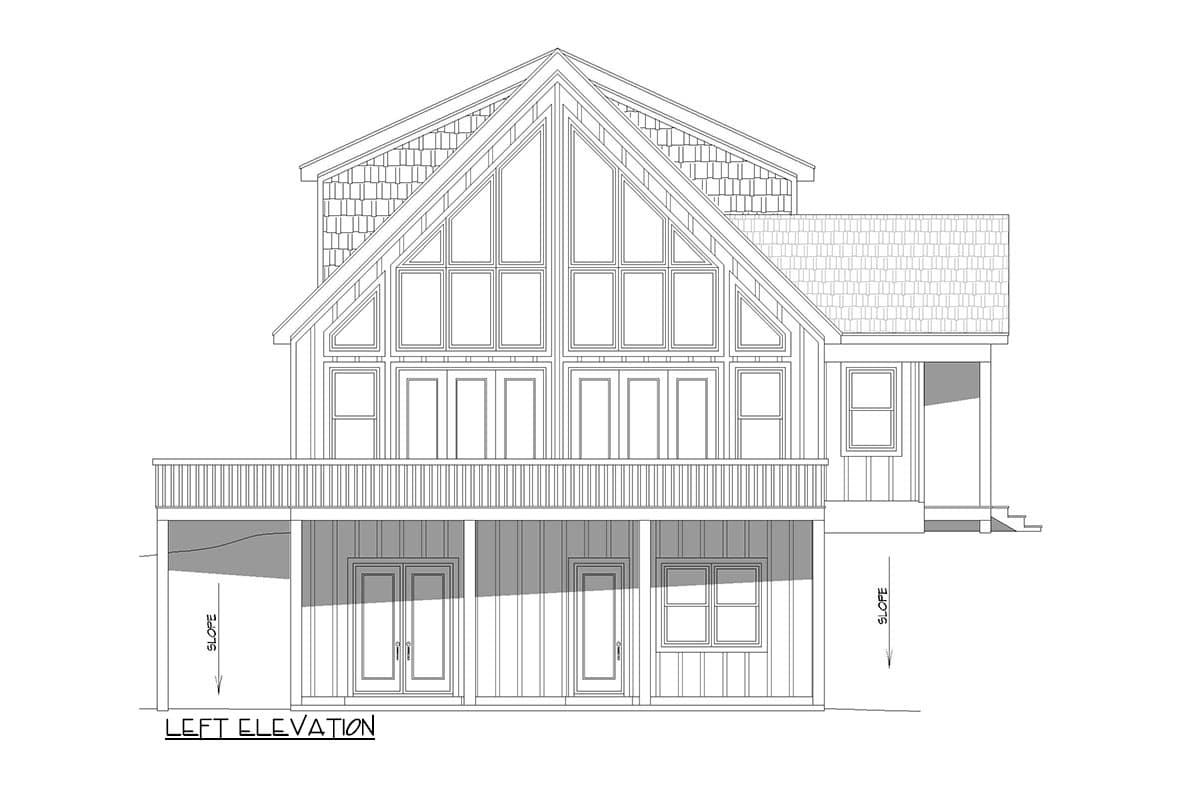 Left elevation house plan: tall gable with multiple windows, deck, and lower level with doors and windows.