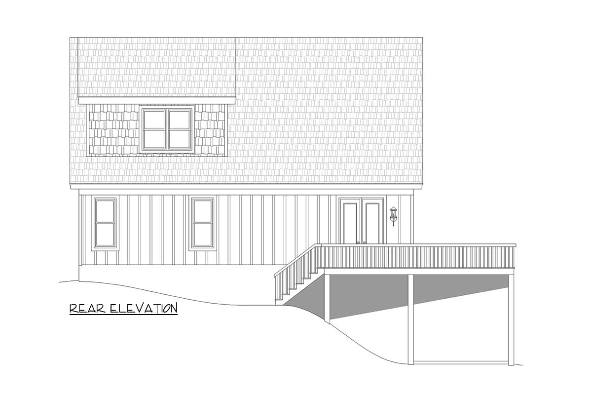 Rear elevation house plan showing two windows, double doors, deck with stairs, and a dormer window.