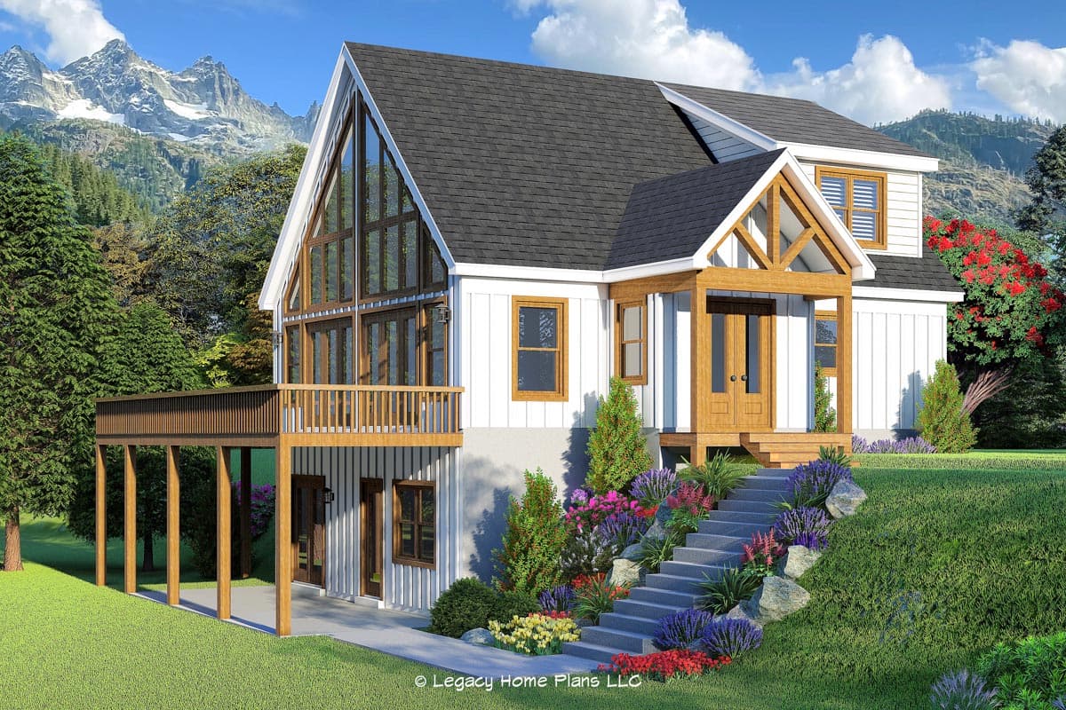 House plan exterior rendering. Two-story, white board-and-batten siding. Features a gable roof, timber-framed entry porch, and a large window wall.