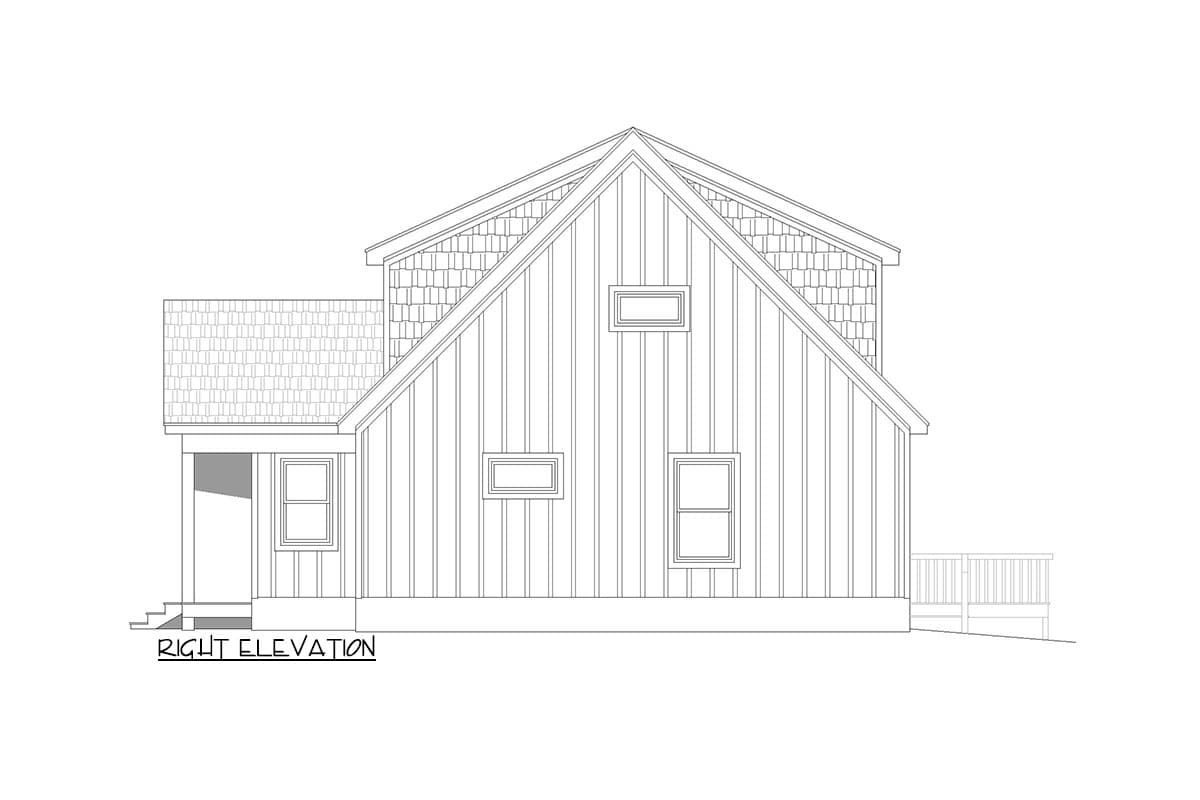 Right elevation drawing of a house plan with vertical siding, gable end, dormer, and porch.
