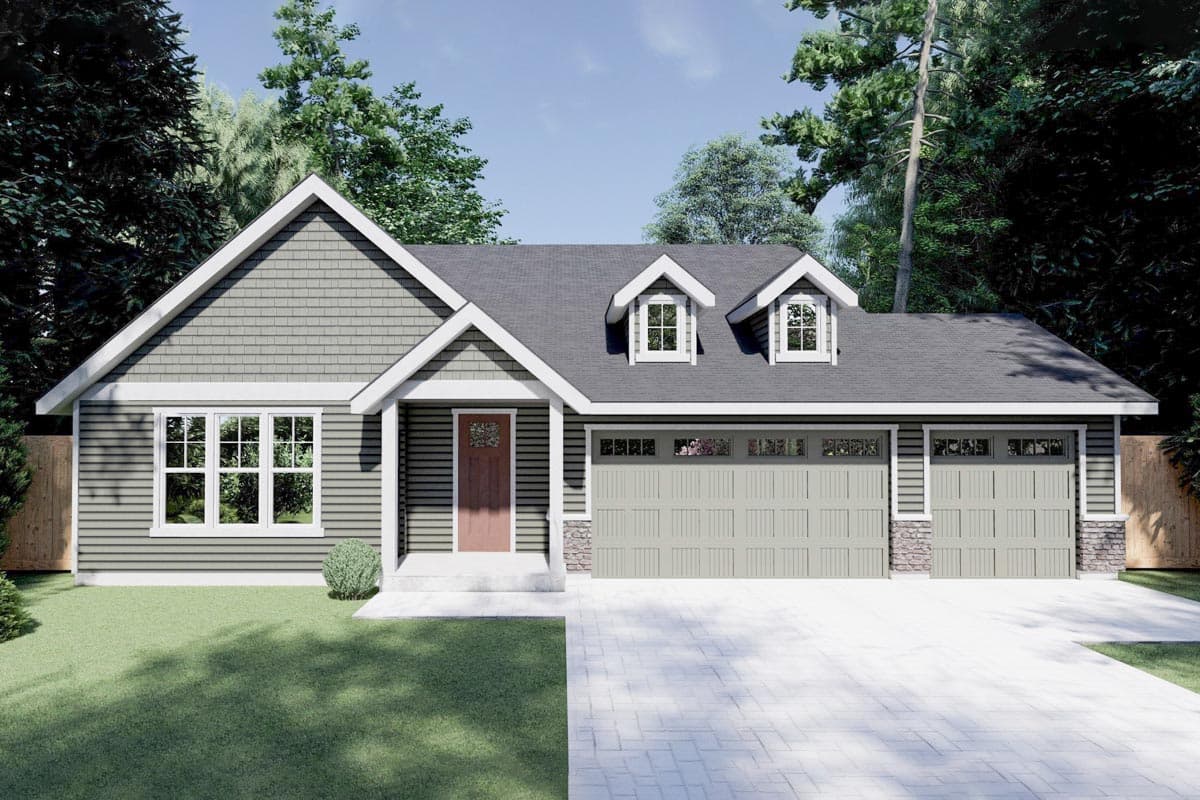 House plan exterior with Craftsman style. Features include two dormers, a front-facing gable, and a two-car garage. Two-story design.