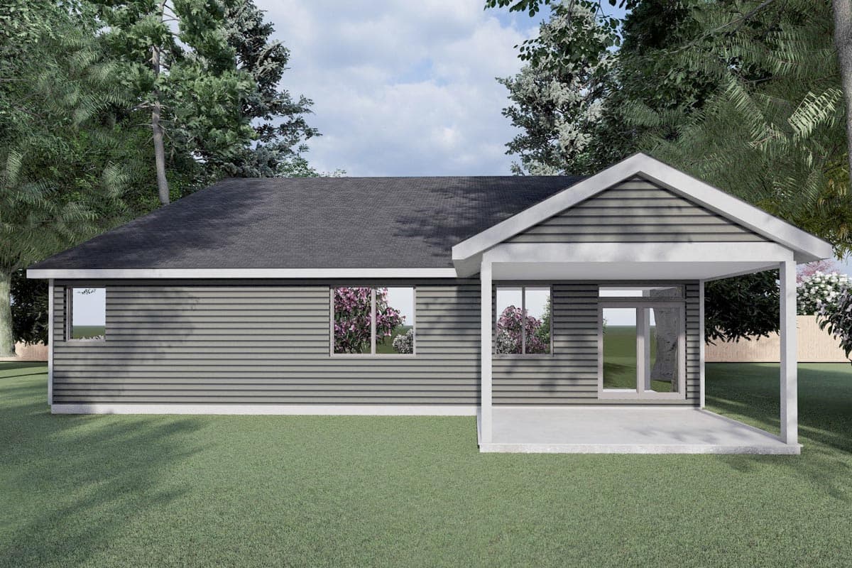 House plan exterior: Single-story Modern Farmhouse with horizontal siding, gable front porch, and two windows.