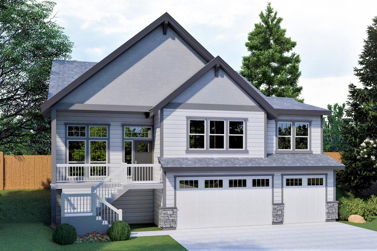 House plan exterior. Two-story home with Craftsman-style elements. Features include a front porch, multiple gables, and a two-car garage.