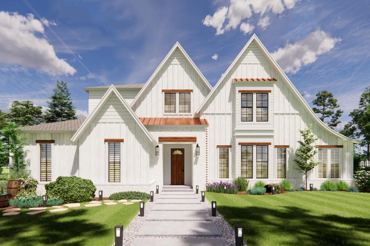 House plan exterior in Modern Farmhouse style with multiple gables, wood-framed windows, and a covered entry. Two-story structure.