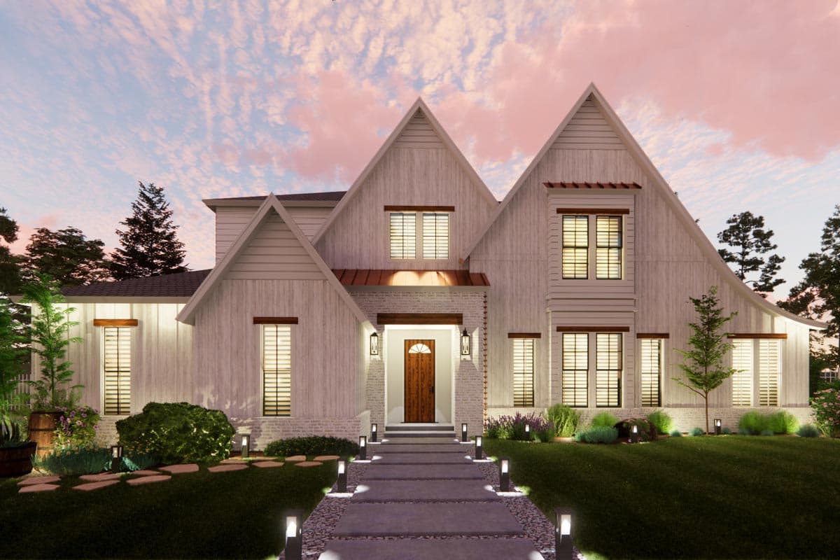 House plan exterior: Modern Farmhouse style, two stories, prominent gables, covered entry, and multiple windows.