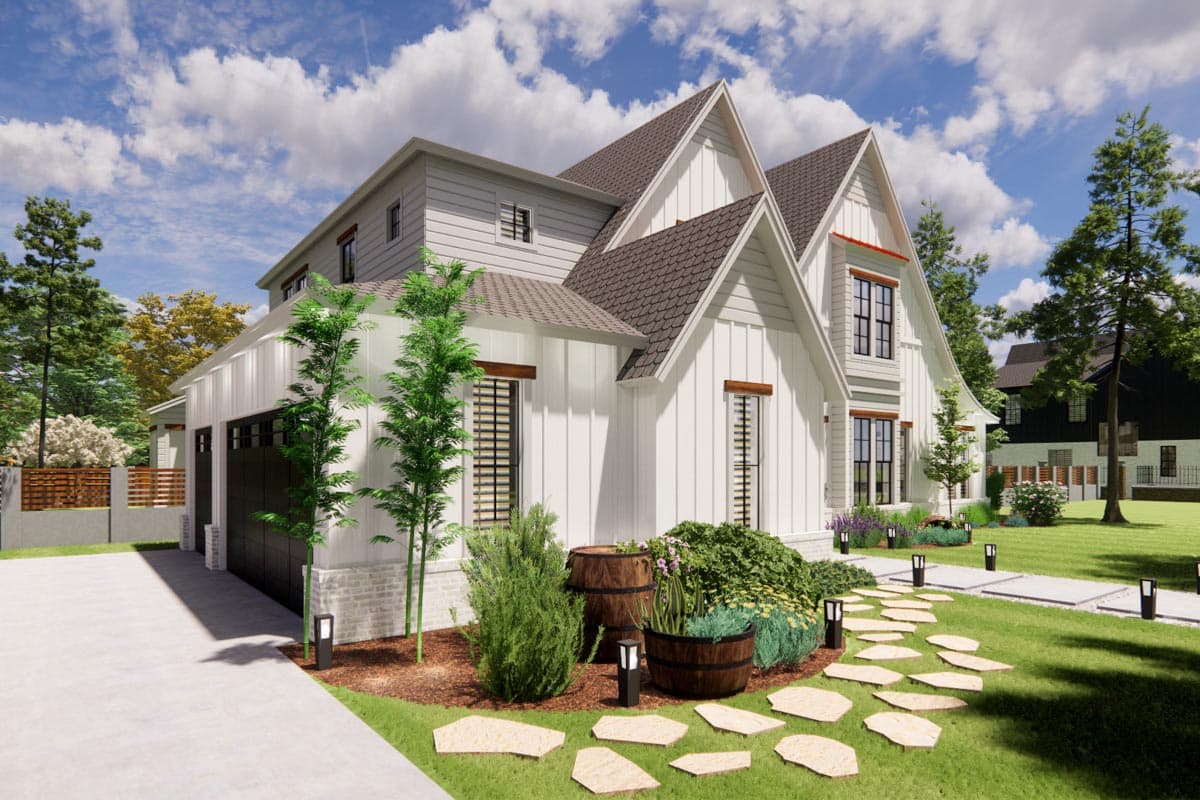 Modern farmhouse house plan exterior with vertical siding, prominent gables, and a three-car garage.