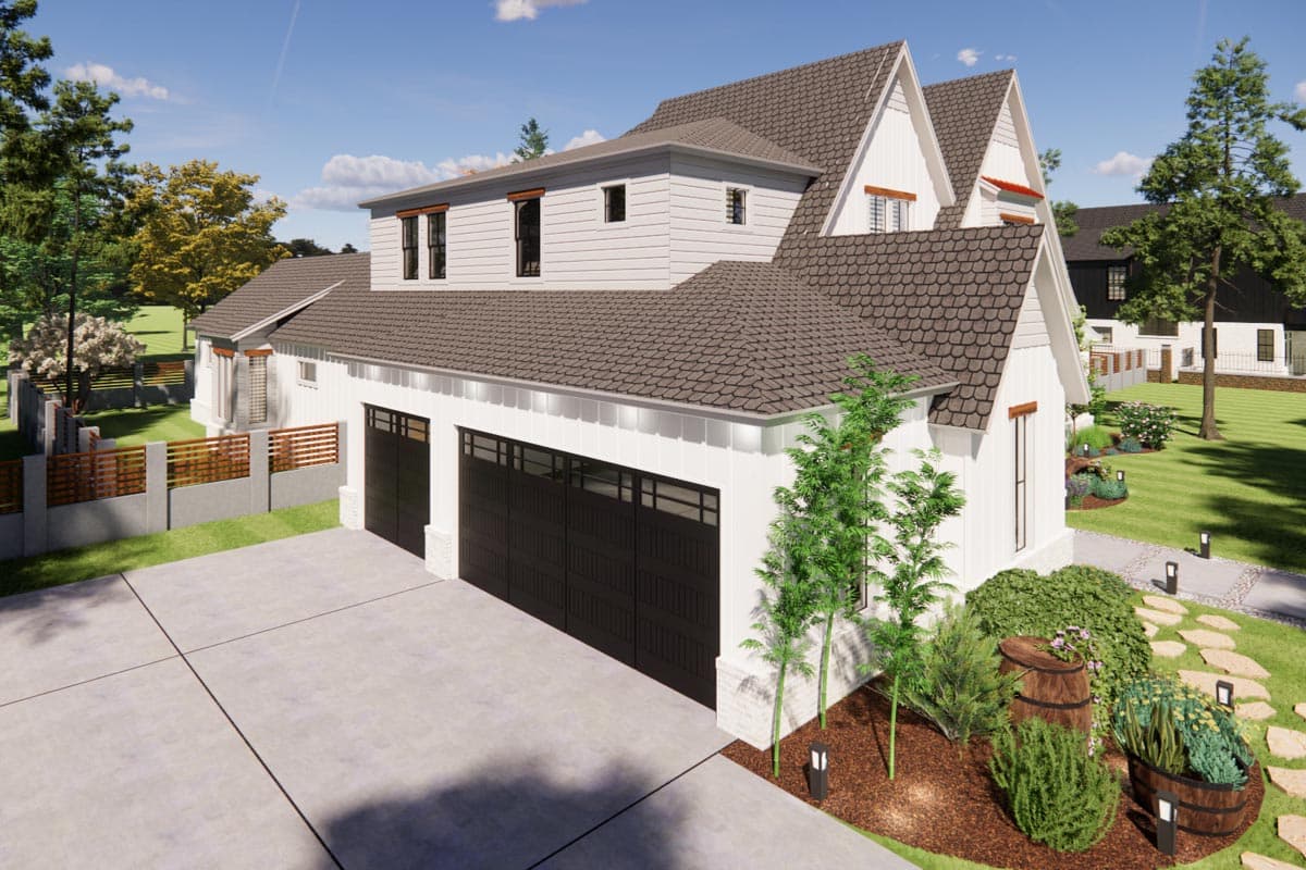 Modern Farmhouse house plan exterior with white siding, a triple garage, dormers, and a metal roof.