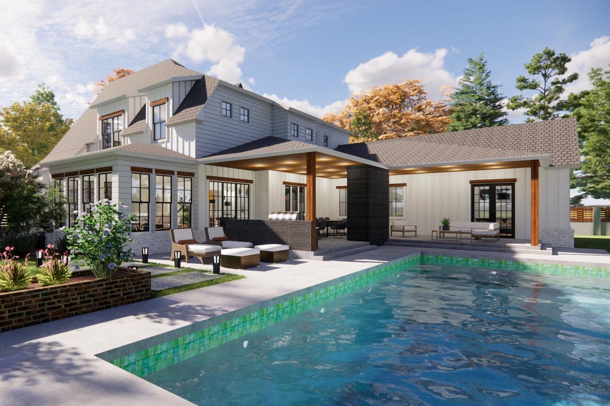House plan exterior, Modern Farmhouse style, two stories, with gabled dormers, a covered patio with outdoor kitchen, and a pool.