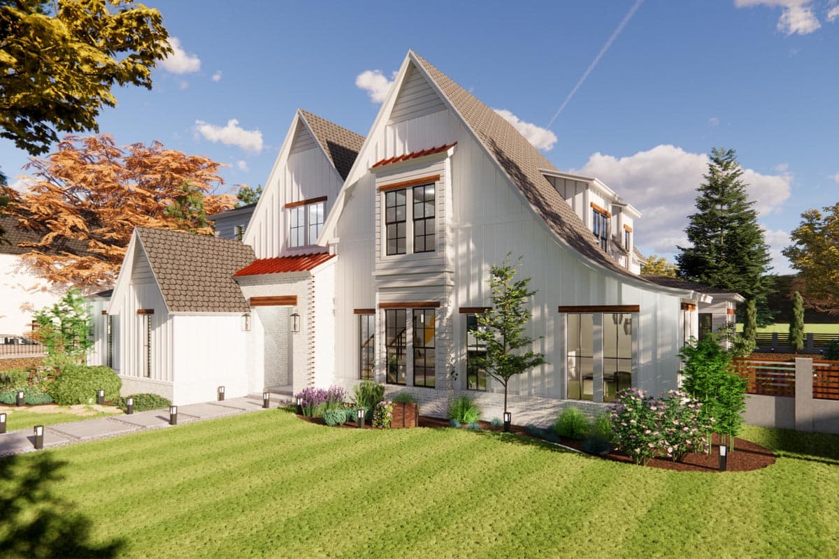 Modern Farmhouse house plan exterior with board and batten siding, gables, dormers, and dark-trimmed windows.