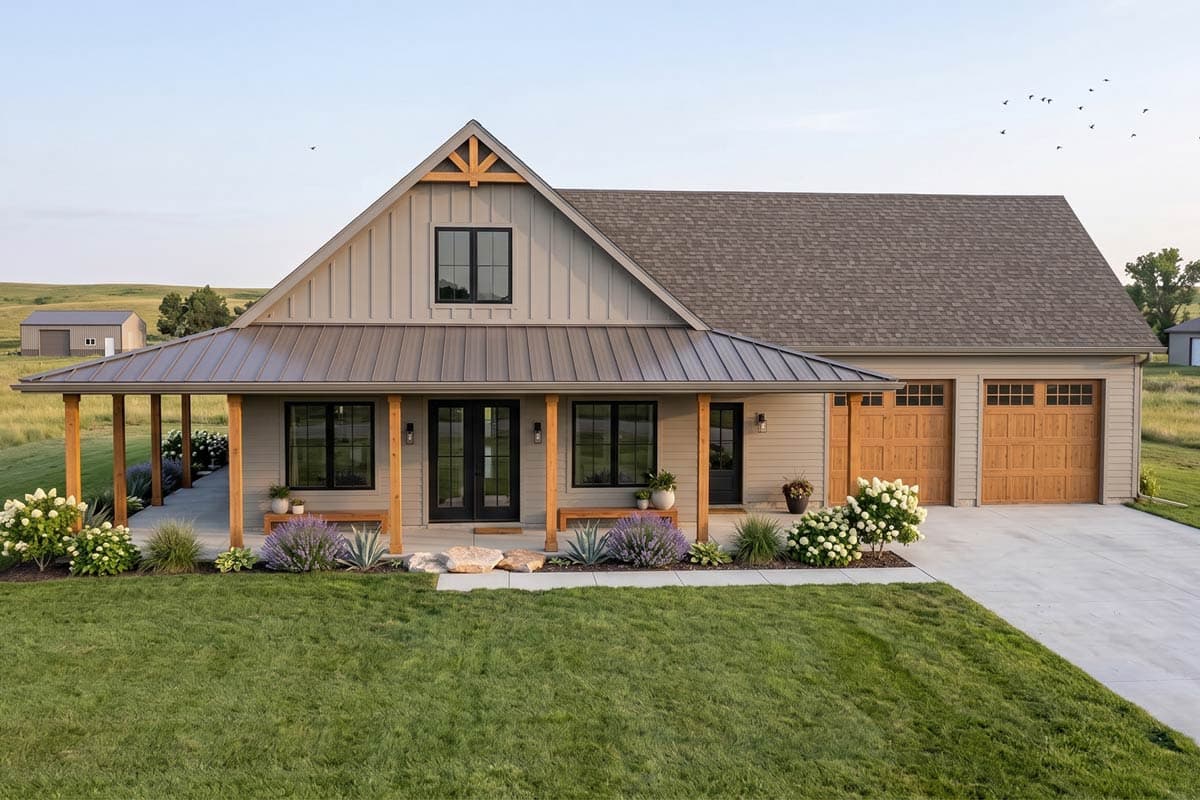 Modern Farmhouse exterior with gabled front, metal roof porch, and two-car garage.
