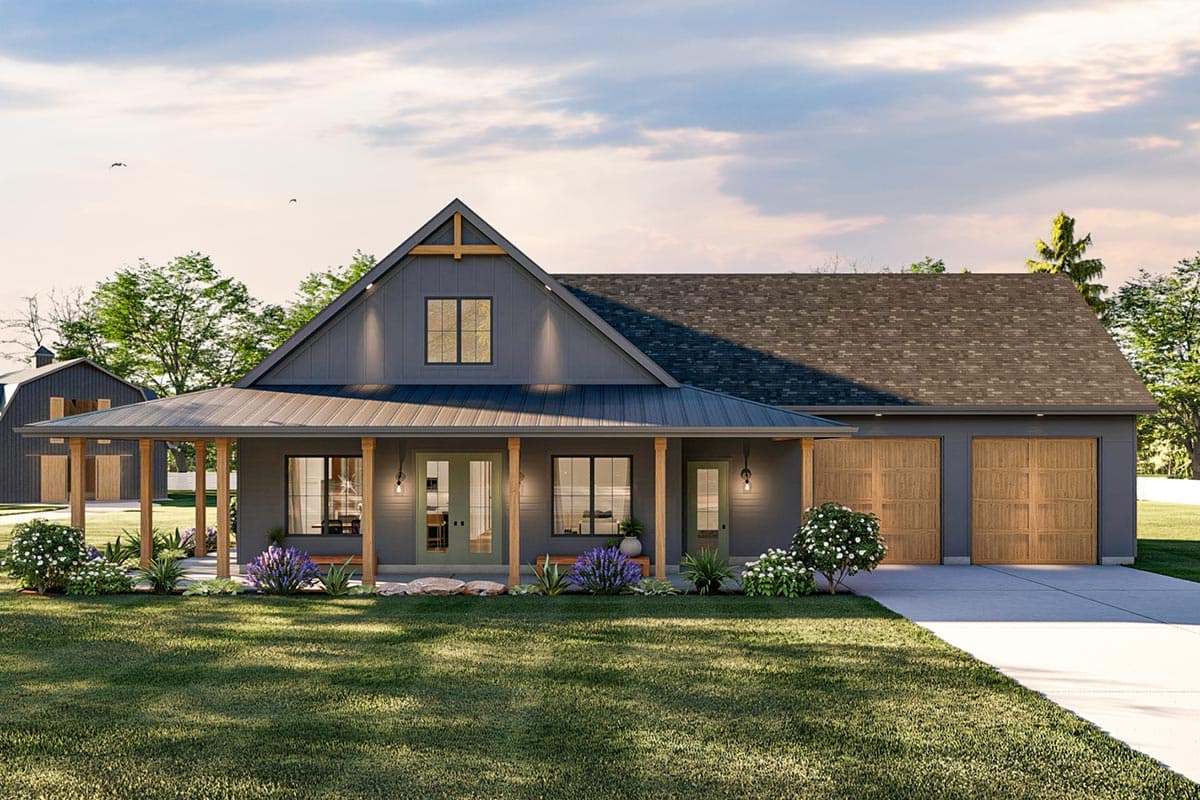 House plan exterior with Modern Farmhouse style, single story, and a covered porch. Features include gabled roof, dormer, and attached garage.