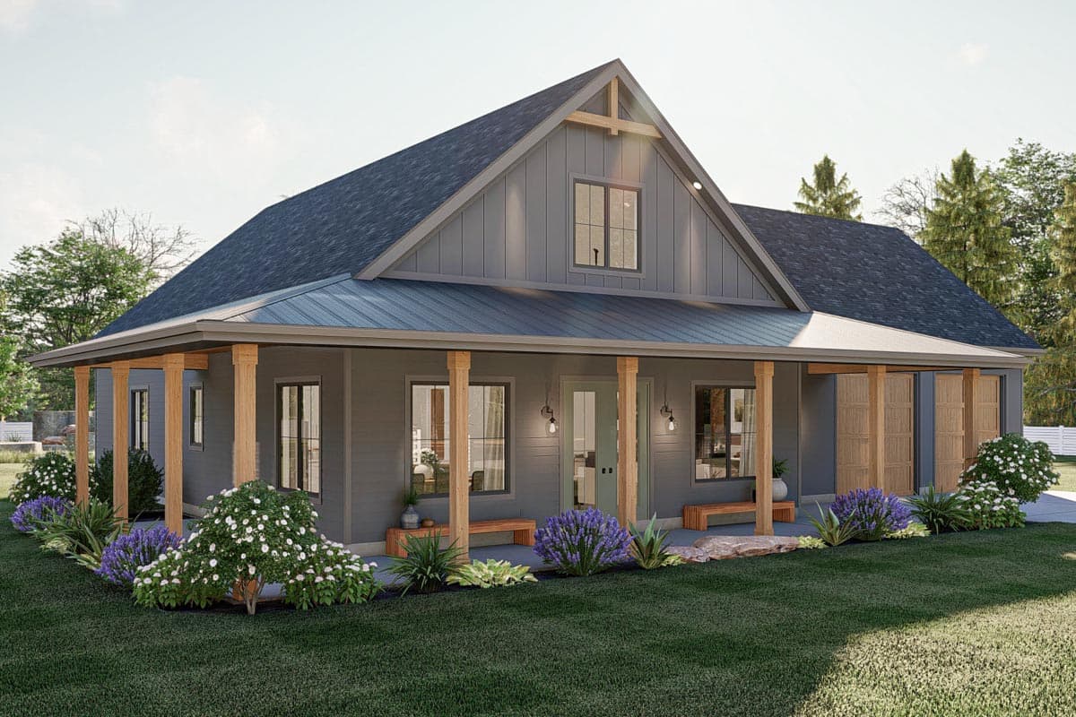 House plan exterior: Modern Farmhouse style, one story, with a wide covered porch supported by wood posts, gabled dormer, and vertical siding.
