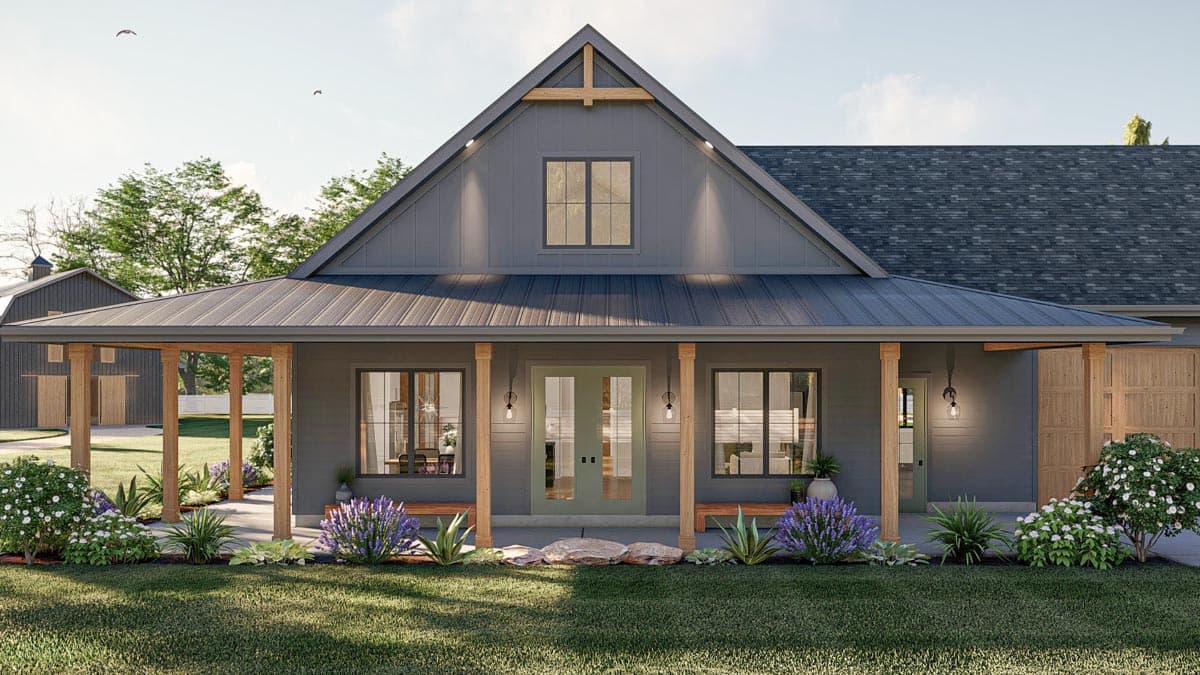 Modern Farmhouse house plan exterior with wraparound porch, metal roof, gable, and wooden supports.