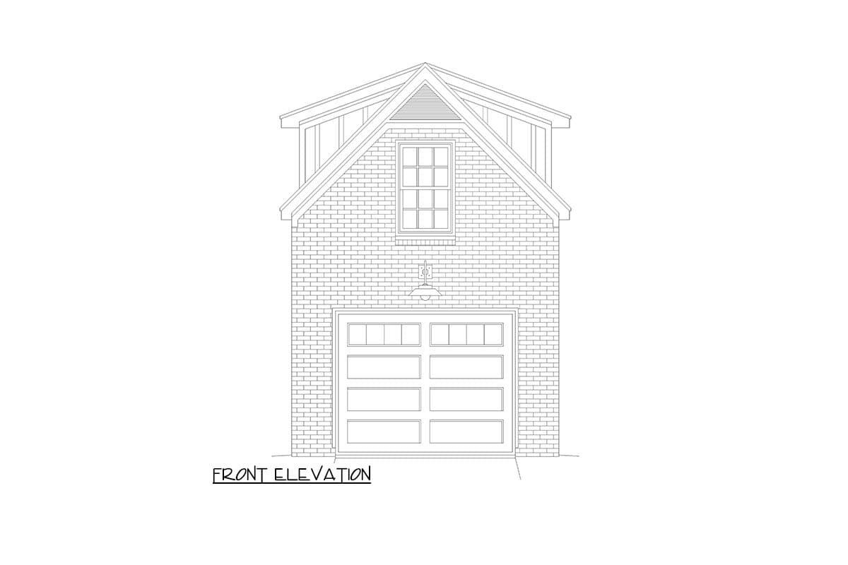 Front elevation drawing of a brick garage with a multi-pane door, window, and gable dormer.