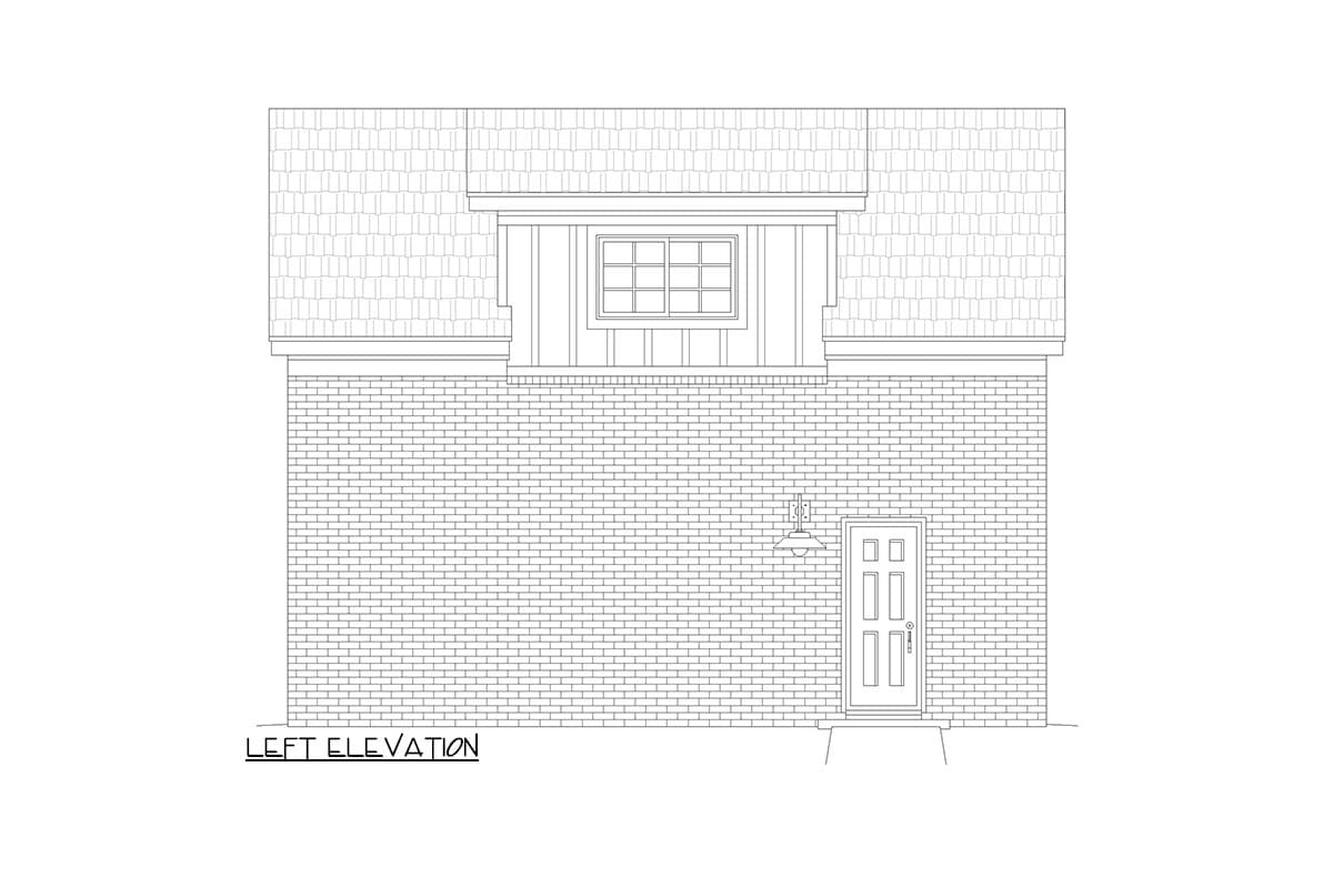Left elevation drawing of a house with brick facade, shingle roof, dormer window, and front door.