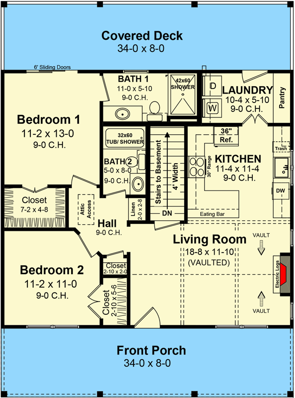 Plan 51205MM: 976 Square Foot Country Cottage with 8-Foot-Deep Front and Back Porches - Floor Plan - Main Level - Cottage, Country, Traditional