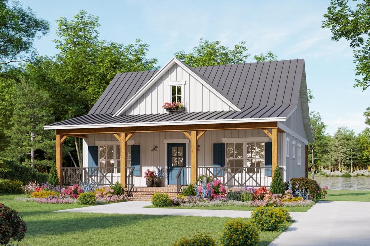 House plan exterior. Farmhouse style with a gabled roof, covered porch with exposed beams, and decorative shutters. One story home.