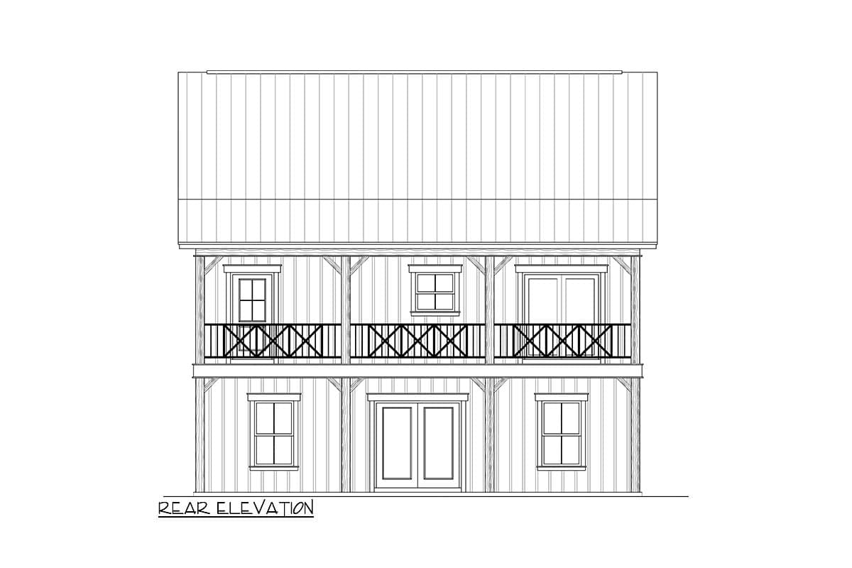 Rear elevation of a two-story house plan featuring a metal roof, upper balcony with X-bracing, and double doors on the lower level.