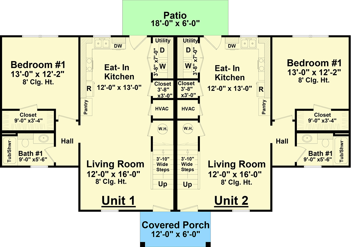 Plan 51206MM: Center Entry Duplex with Matching 1245 Square Foot 2 Bed Units - Floor Plan - Main Level - Traditional