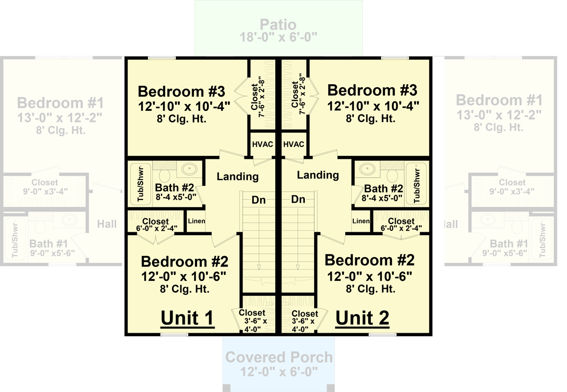 Plan 51206MM: Center Entry Duplex with Matching 1245 Square Foot 2 Bed Units - Floor Plan - 2nd Floor - Traditional