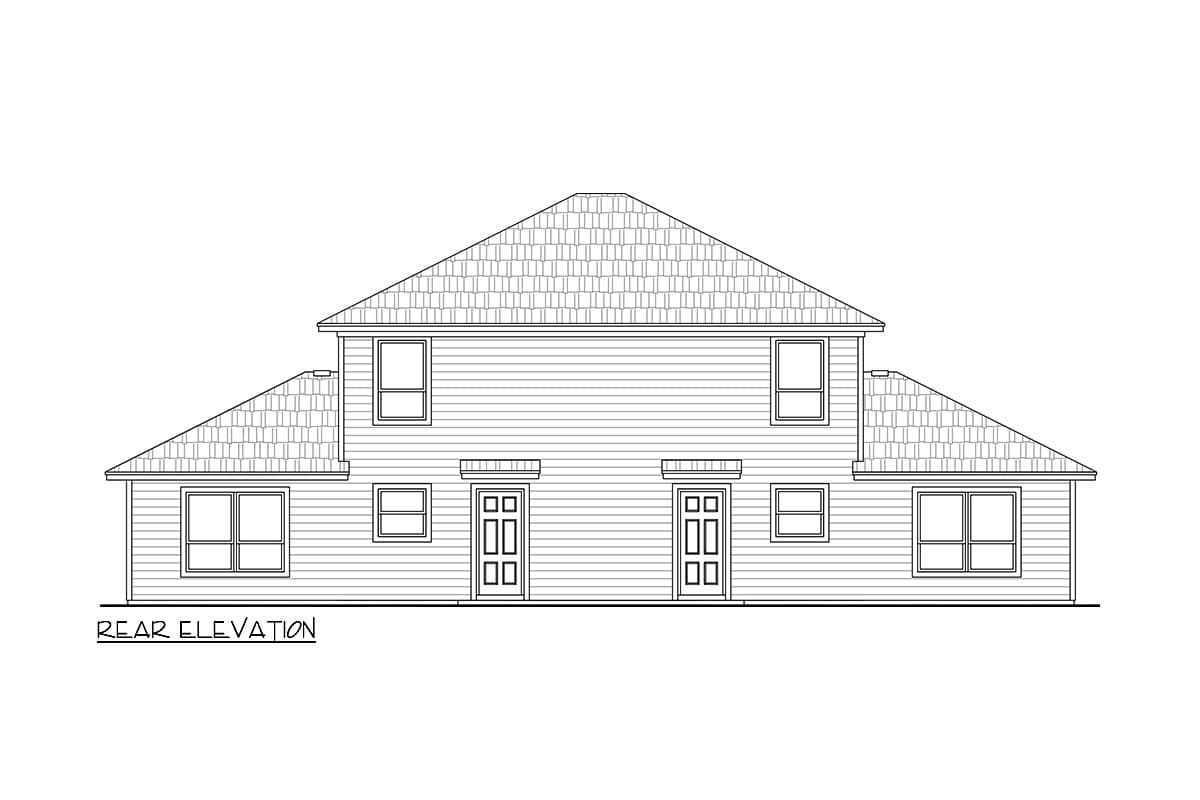Rear elevation drawing of a two-story duplex with a central gable roof and two front doors.