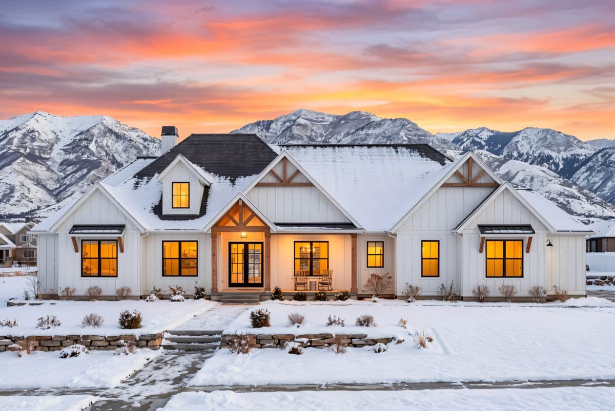 Modern Farmhouse house plan exterior with white board and batten siding, exposed wood beams, dormers, and large windows. Snow-covered.