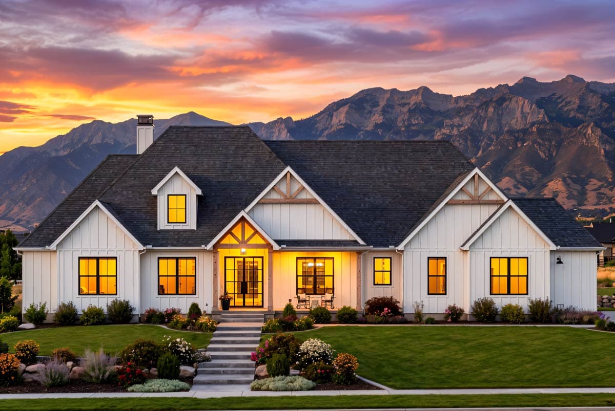 Modern Farmhouse house plan exterior with board-and-batten siding, gables, dormers, and a covered entry.